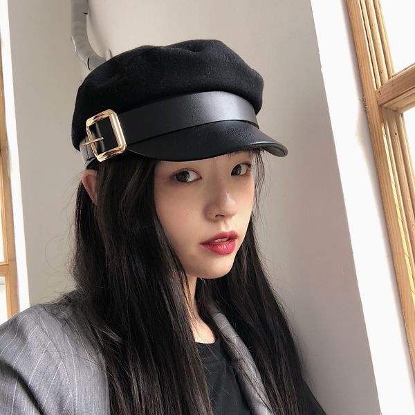 

ball caps black military hat vintage patchwork pu beret for women england style flat 230321, Blue;gray