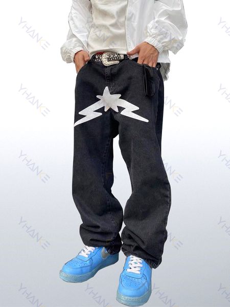 

mens jeans four seasons loose men y2k fashion designer black star print pants bottoms street casual low waist straight 230321, Blue