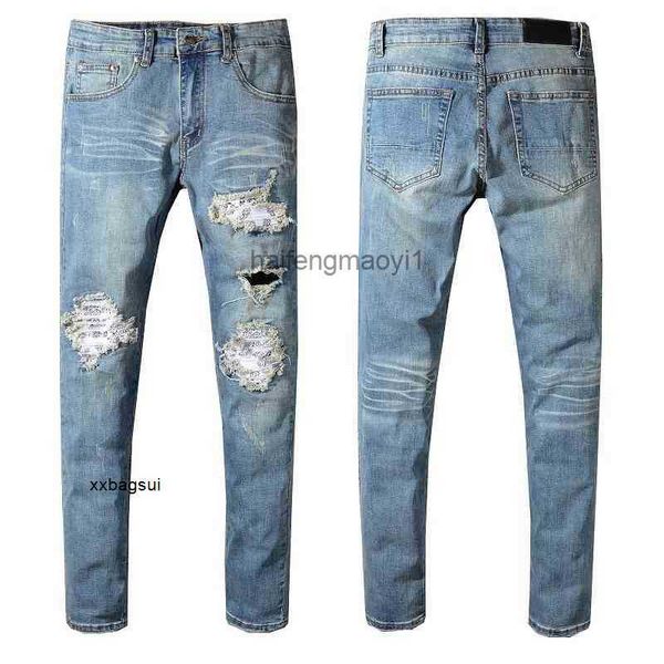 

mens jeans trend light blue patch hole elastic tight legged jeans #550