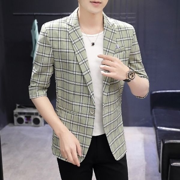 

men's suits blazers spring mens check jacket summer thin short sleeve single casual small suit coat 230322, White;black