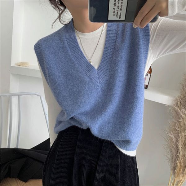 

women's vests lady v neck split knit vest women spring korean version navy blue loose and thin pullover sweater vest outside fashion 23, Black;white