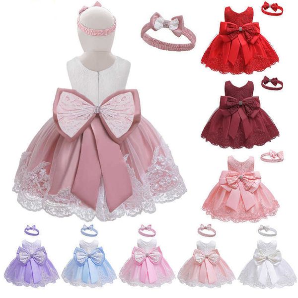 

Kids Girls Dresses Birthday Party Wear 6 Colors Big Bow Back Frocks Lace Princess Dress With Hairband Tutu Skirt Baby Clothes 0-5T, Olive colour