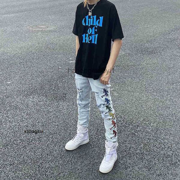 

mens jeans high street fashion brand street wash hole embroidery skeleton men's leggings motorcycle jeans, Blue