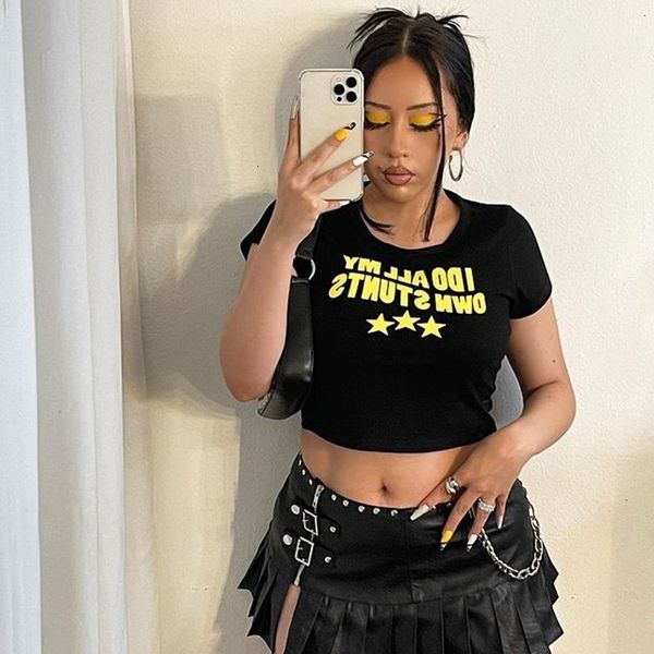 

womens tshirt i do all my own stunts short sleeved graphic t shirt women crop summer fashion 90s yellow cropped tee female clothes 230321, White