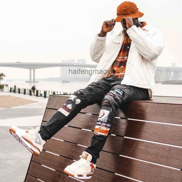

mens jeans designer high street fashion brand new patch cloth patch hole beggar jeans young men's elastic slim leggings hip hop, Blue
