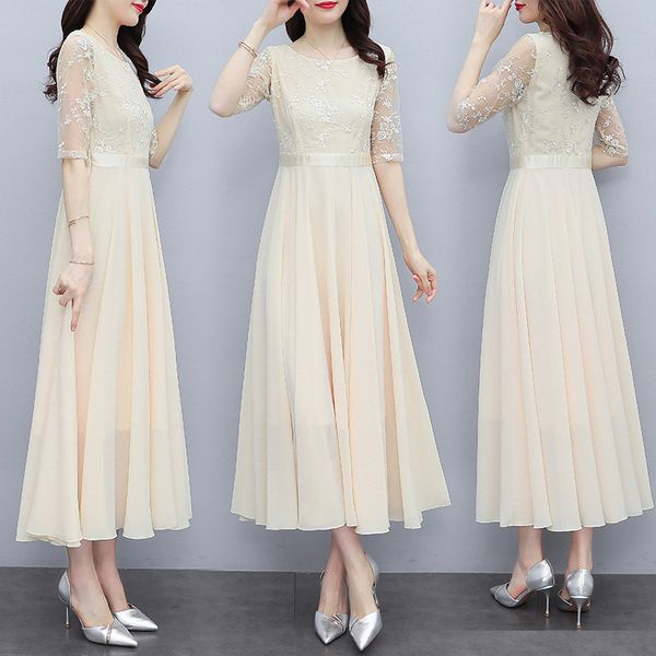 

party dresses tingyili -5xl embroidery lace mesh patchwork chiffon dress women summer half sleeve beige a-line dress elegant maxi dress par, White;black