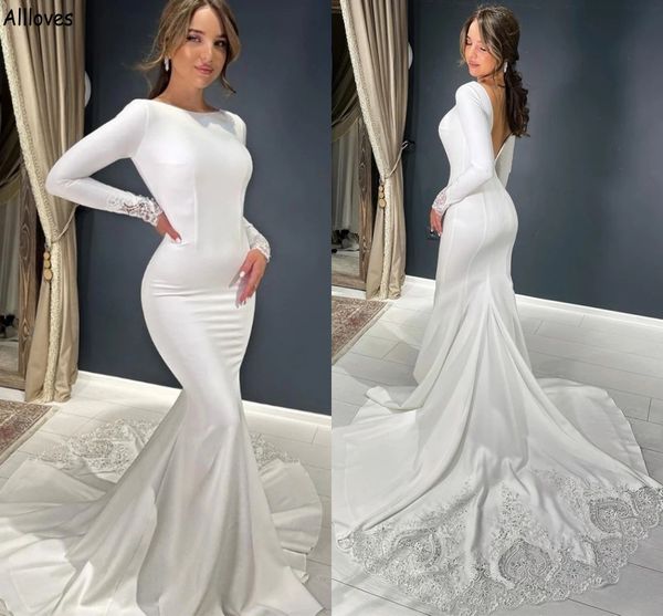 

simple satin long sleeves mermaid wedding dresses vintage jewel neck delicate lace trumpet bridal gowns court train backless reception dress, White