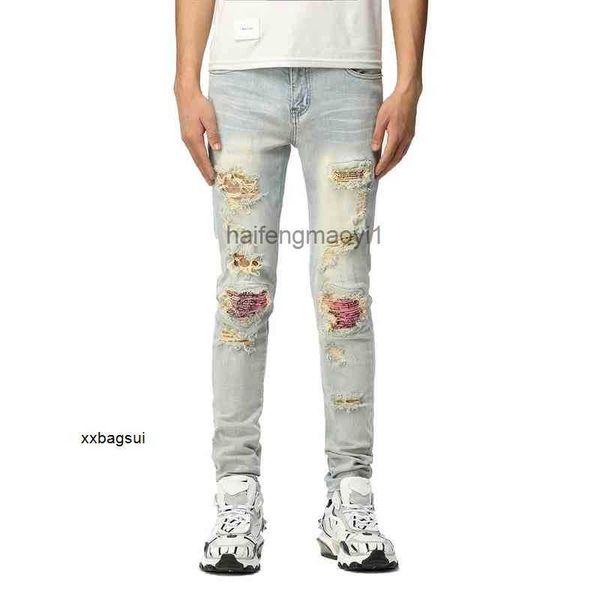 

mens jeans summer high street trendy men's light color old thin elastic slim fit small feet ins pierced jeans, Blue