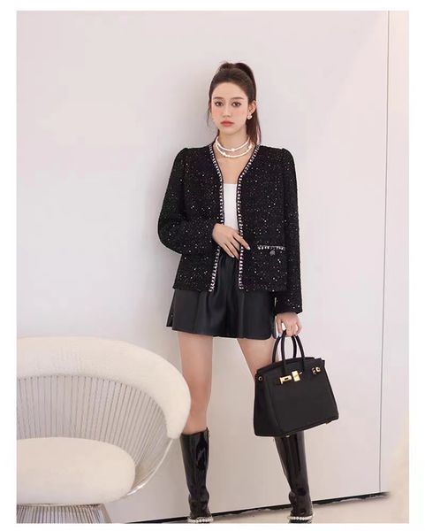 

chan home new 2023 spring women's brand jacket ootd fashion grade autumn winter chains logo tweed coat spring black sequins coat cardig, Black;brown