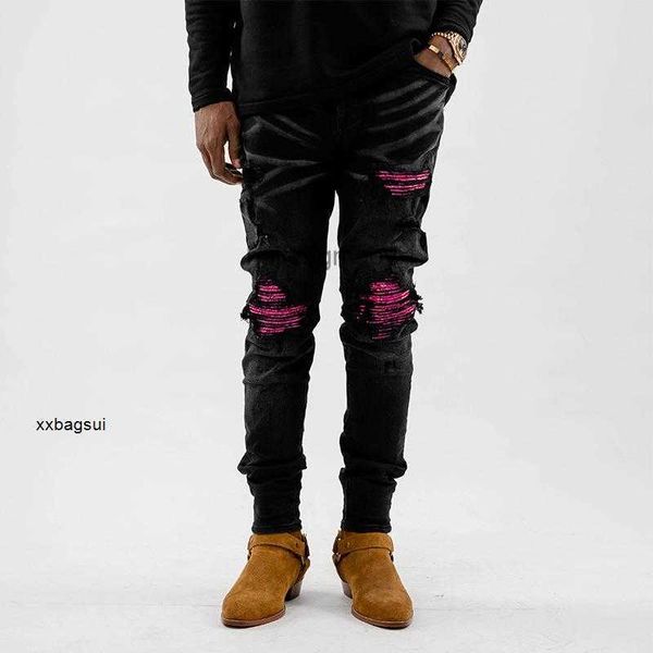 

designer jeans ch high street tide brand washing water used black rose cashew patch slim legged jeans men uis, Blue