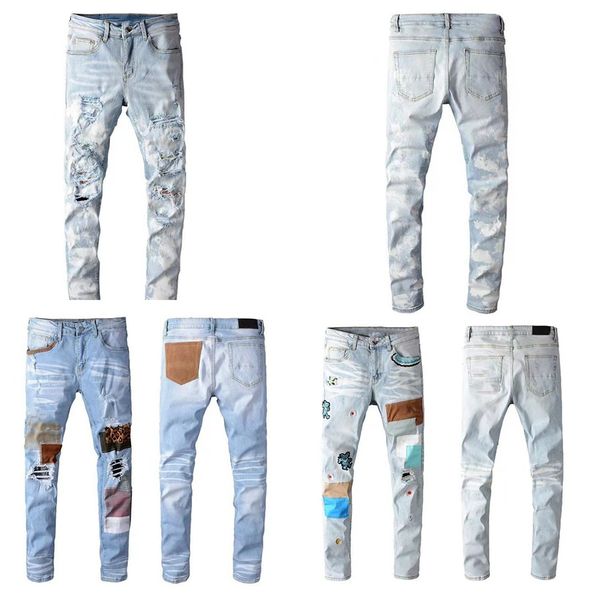 

designer mens jeans men jean stack man skinny hole streetwear pants motorcycle hiking pant hip hop embroidery patchwork rock fashion trouser, Blue