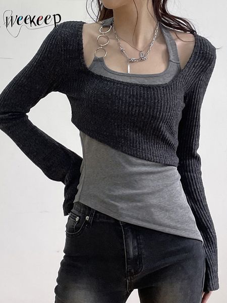 

women s t shirt weekeep punk style crop two piece sets korean fashion irregular patchwork t shirt chain hollow out knitwear tee chic 230321, White