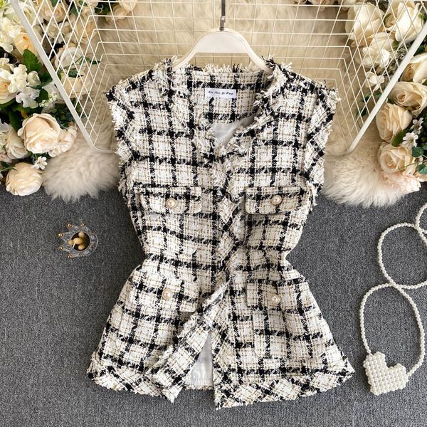 

women's vests ladies' temperament fragrant and fragrant tweed jacket ladies retro tooling big pockets short waistcoat vest 230322, Black;white