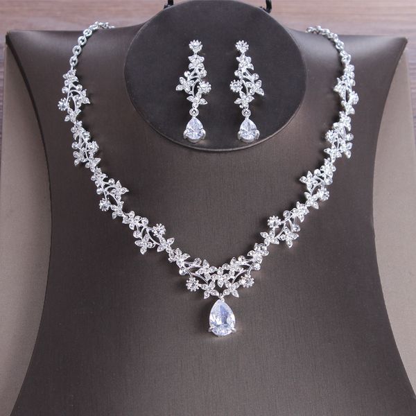 

s3536 fashion party bride wedding jewelry set for women's exquisite zircon rhinestone flower necklace with earrings, Silver