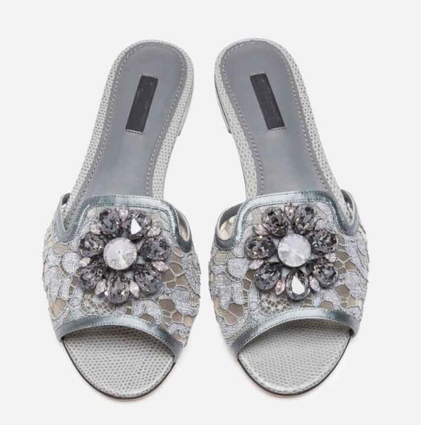 

elegant brands rainbow lace sandals slippers flats flower crystals branded leather sole slide jeweled embellishment mule casual wa3683928, Black