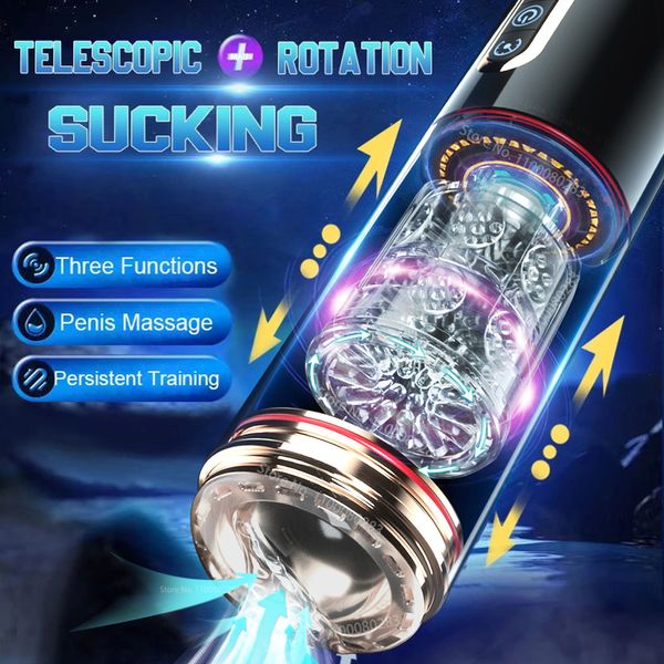 

pyjamas masturbators for men automatic sucking telescopic rotating male masturbator cup real vagina pocket pussy blowjob machine toy, Black;white