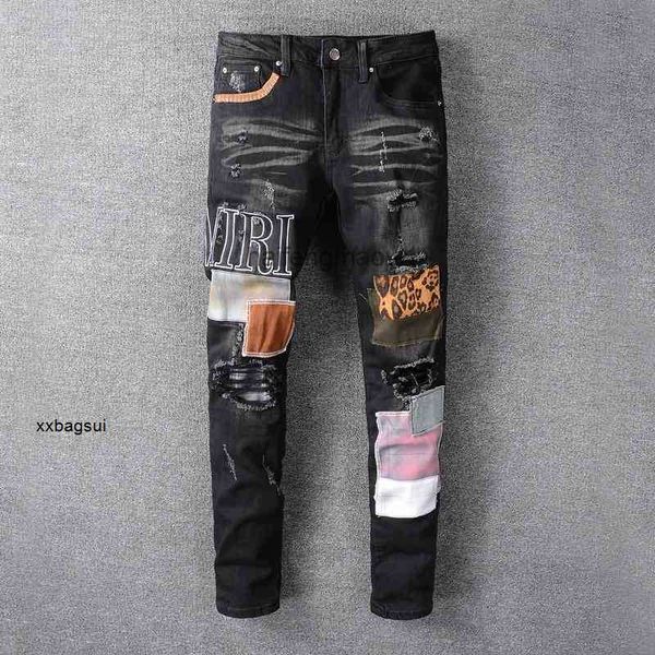 

mens jeans designer european and american street tide high street style black creative patch hole elastic slim fit small leg, Blue