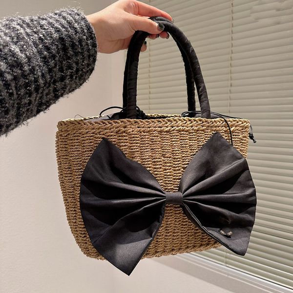 

straw womens trendy designer bag drawstring woody totes large capacity beach woody totes with bowknot handle diamonds metal hardware luxury