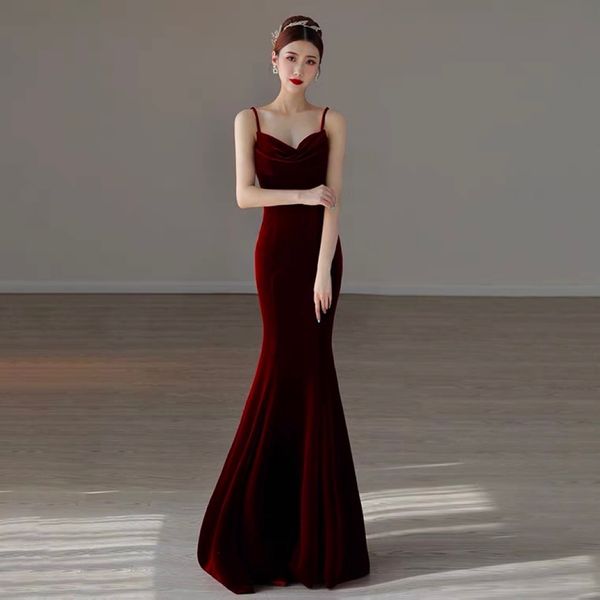 

burgundy evening prom dress v-neck spaghetti straps long velvet mermaid party gowns for women ribbon robe vestidos new, Black