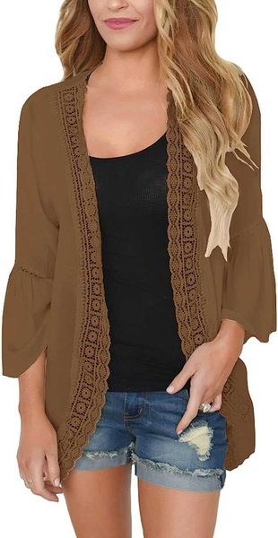 

women's knits & tees prettoday women's summer kimono cardigans ruffle bell sleeve sweaters lace cover up loose blouse, White