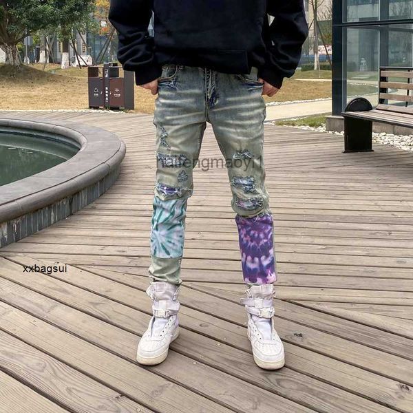 

designer jeans european and american fashion brand high street hole making old color patch washing elastic locomotive slim, Blue