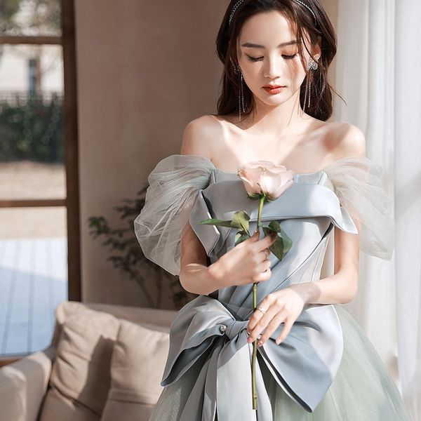 

gray green prom dresses off the shoulder bow pearl pleat princess tulle backless lace up a line elegant evening party gowns 2023 new, Black