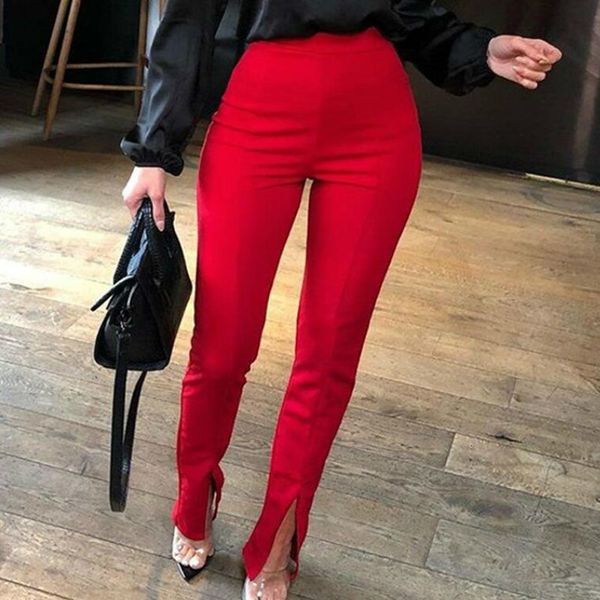 

women's pants autumn casual tight fit leg opening split solid color ol high waist fashion streetwear trousers red black khaki 230322, Black;white