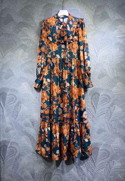 

2023 spring style floral dress,necktie printed waist pleat, Black;gray