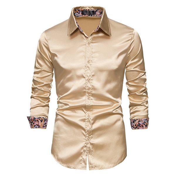 

men's casual shirts parklees slim fit satin silk paisley patchwork shirts for men long sleeve smooth button mens dress shirt wedding pa, White;black