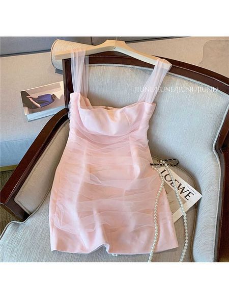 

party dresses pink sweet elegant princess women korean slim gauze patchwork sleeveless mini fashion bodycon clubwear female y2303, White;black