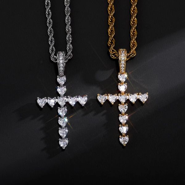 

iced out heart zircon cross pendant necklace for men and women's hip hop jewelry 18k gold plated, Silver