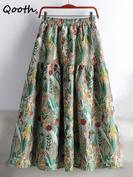 

skirts qooth spring stitching jacquard floral embroidery mid-length a-line skirt women's high waist chic elegant skirt qt1676 230322, Black