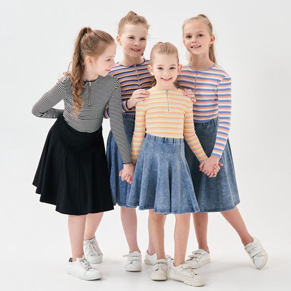 

family matching outfits kids girl spring summer strechy striped half zipper tee with casual skirts mom daughter fashion sporty family matchi, Blue
