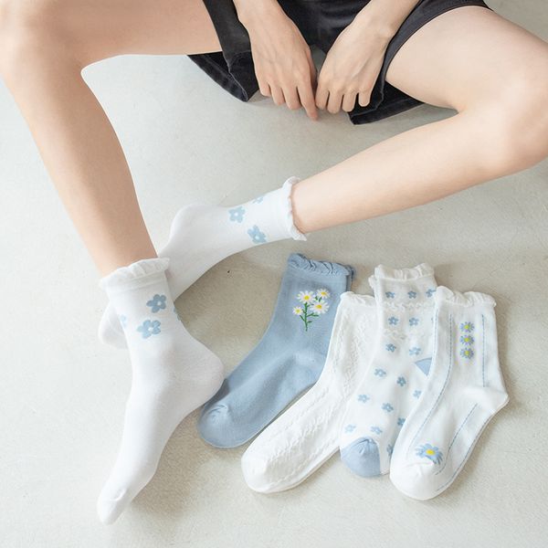

women's socks 3 pairs summer thin flowery stockings blue striped cotton socks mesh absorbs sweat and breathes lovely lace soft, Black;white