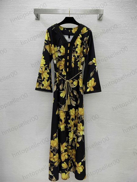 

womens cotton summer long dress designer fashion casual loose ribbon patch gold flower print v-neck wide sleeve a-line swing dress tassel be, Black;gray