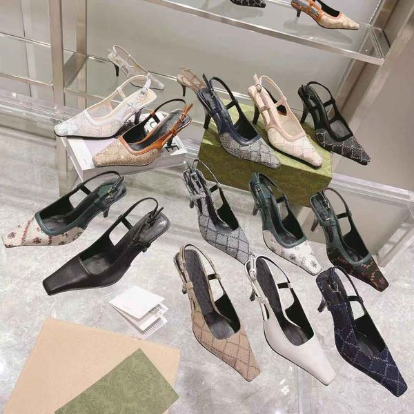 

shoes sandals designer slingback mid heel sandal slippers black mesh crystals sparkling print rubber leather summer ankle strap 35-41