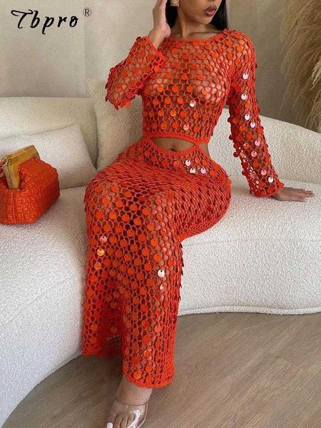 

party dresses hollow out sequin fishnet maxi dress for women fashion solid long sleeve o neck summer vacation beach sea vestidos y2303, White;black