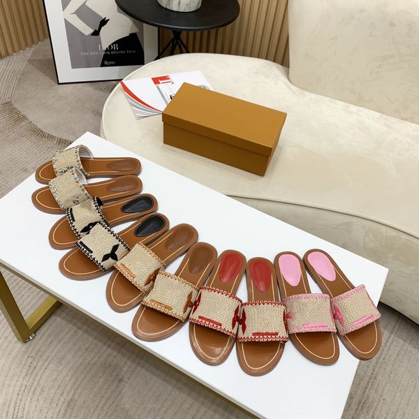 

2023 pp straw slippers embroidered designer sandal womens flat mule summer beach slides casual sliders girls ladies flip flops embroidery le, Black