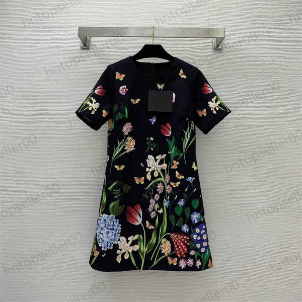 

elegan casual dresses women designer summer studded diamond flower butterfly print round neck short sleeve dress custom fabrics ladies cloth, Black;gray