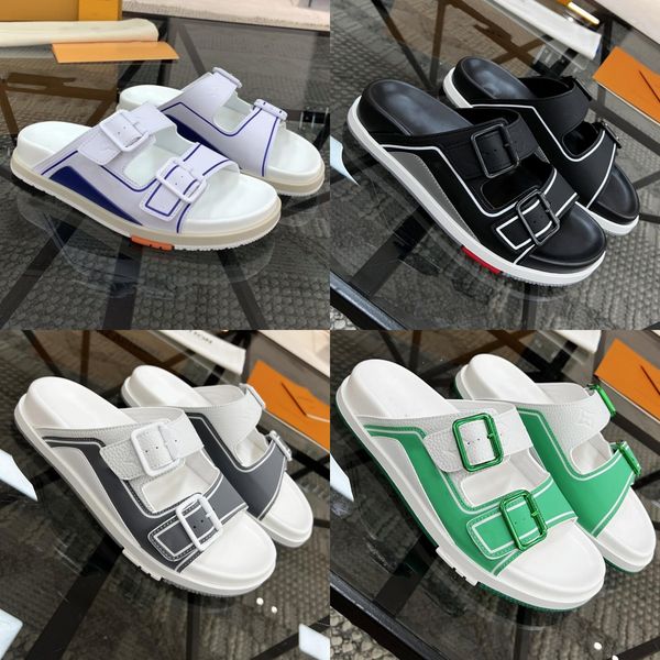 

designer sandals men slippers trainer mule summer outdoor fashion mens buckles metallic leather slipper sandal slides beach shoe, Black