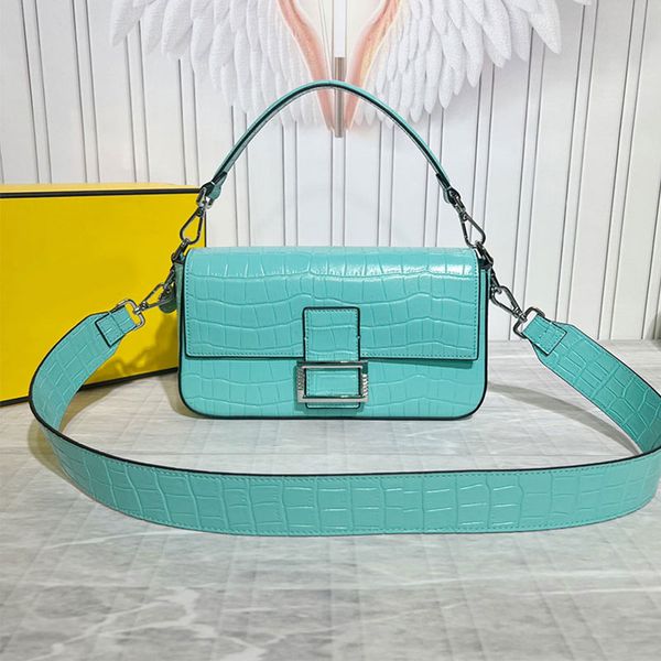 

blue baguette bag round pendant alligator flap messenger bags shoulder crossbody purse crocodile leather diamond letter silver hardware buck