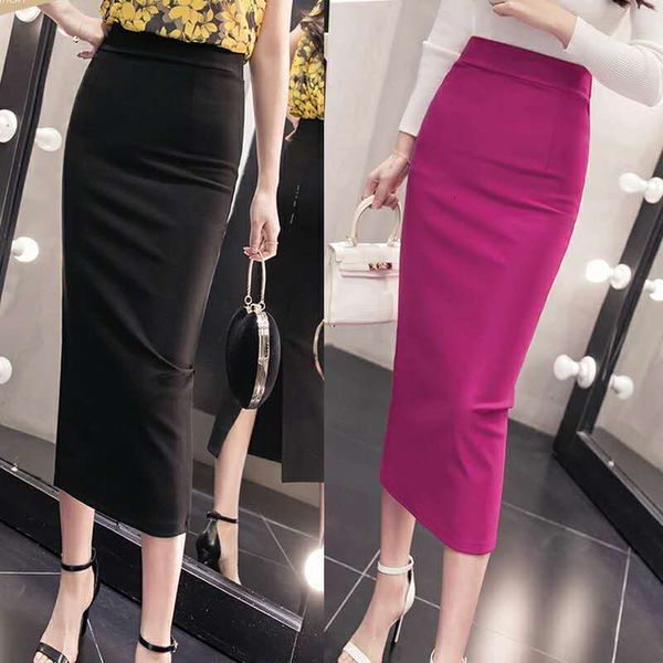

skirts summer women's stretch slim temperament bag hip skirt ladies knee-length casual polyester solid 230322, Black