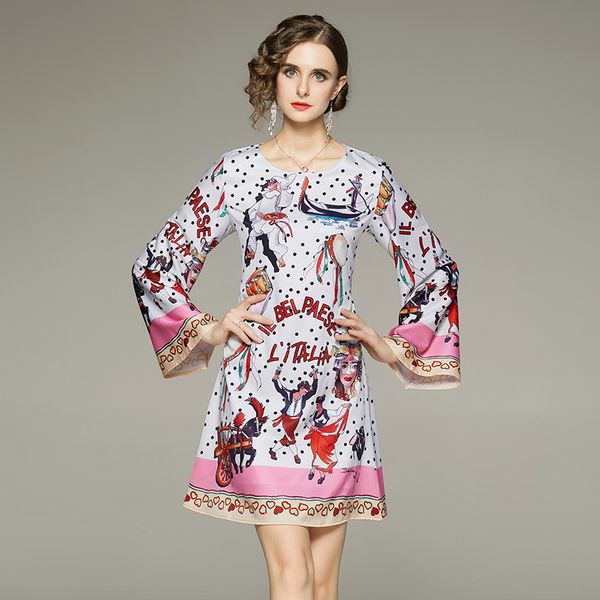 

european cartoon printed women short dress fashion round neck flare sleeve 2023 designer runway women casual day a-line mini dresses elegant, Black;gray