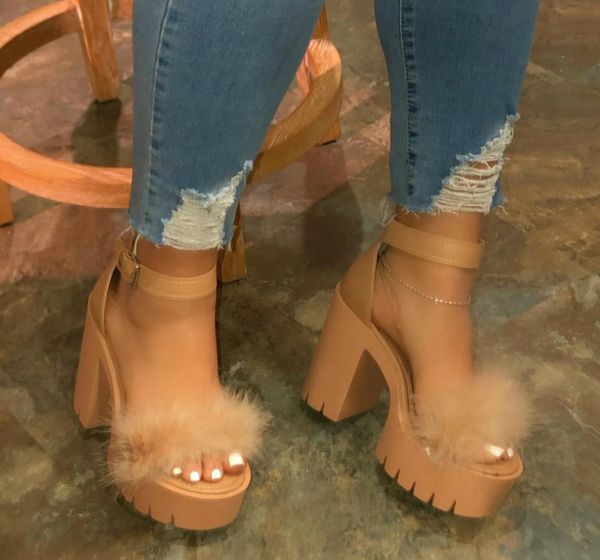 

fashion 2020 new women fur rubber high heel platform outdoor leisure buckle slippers beach sandals ladies banquet sandals s203261652503, Black