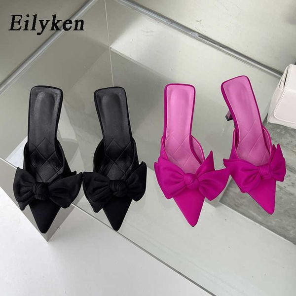 

slippers eilyken new style butterfly-knot mules women slippers elegant pointed toe thin high heels ladies summer fashion party prom shoe, Black