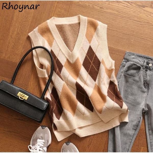 

women's vests sweater vests women argyle preppy style design loose college girls sleeveless knitting young ins v-neck vintage simple le, Black;white