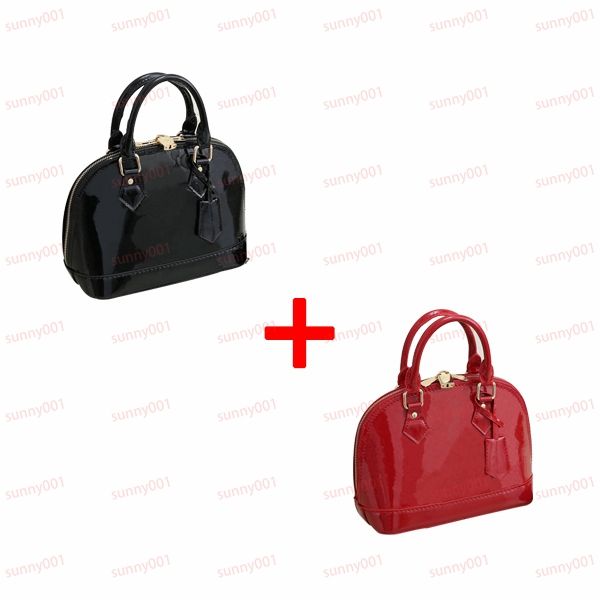

the tote bag 2 pcs double zip lockable handbags designer fashion shopping bag totes black red smooth shiny leather