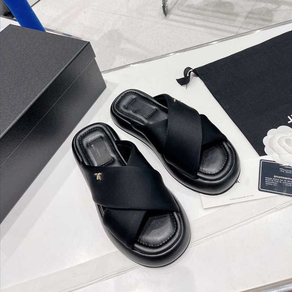 

designer women slides channel sandal woman flats slippers high-end fashion new cross muffin thick sole sandals leather casual open-toe beach, Black