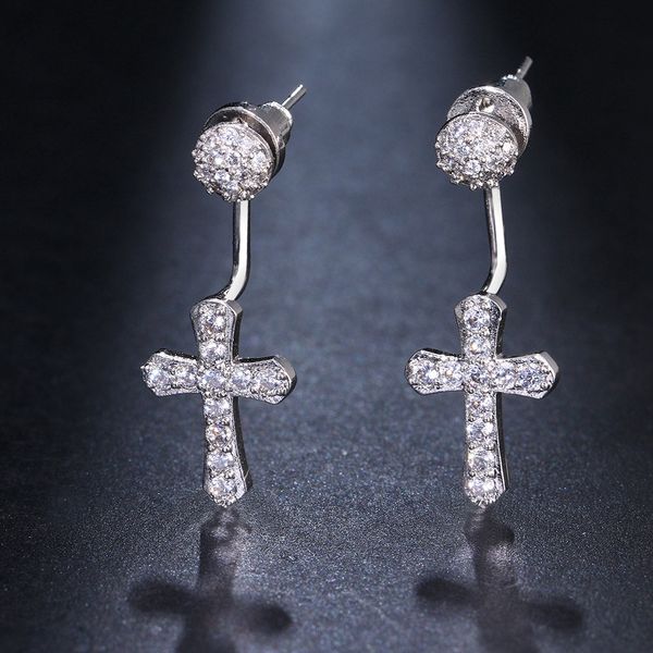 

women cross dangle earrings tiny cubic zircon 18k white gold filled fashion lady jewelry gift, Silver