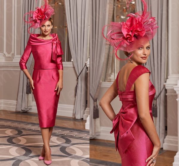 

pink elegant satin mother of the bride dresses for wedding party with jacket 3/4 long sleeves women formal wear knee length sheath mother&#0, Black;red